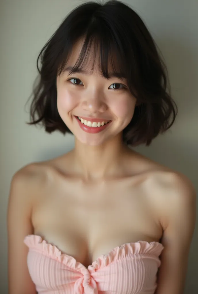 Photography, a real cute young asia girl, age 15, big breasts, beautiful figure, short hair, strapless top