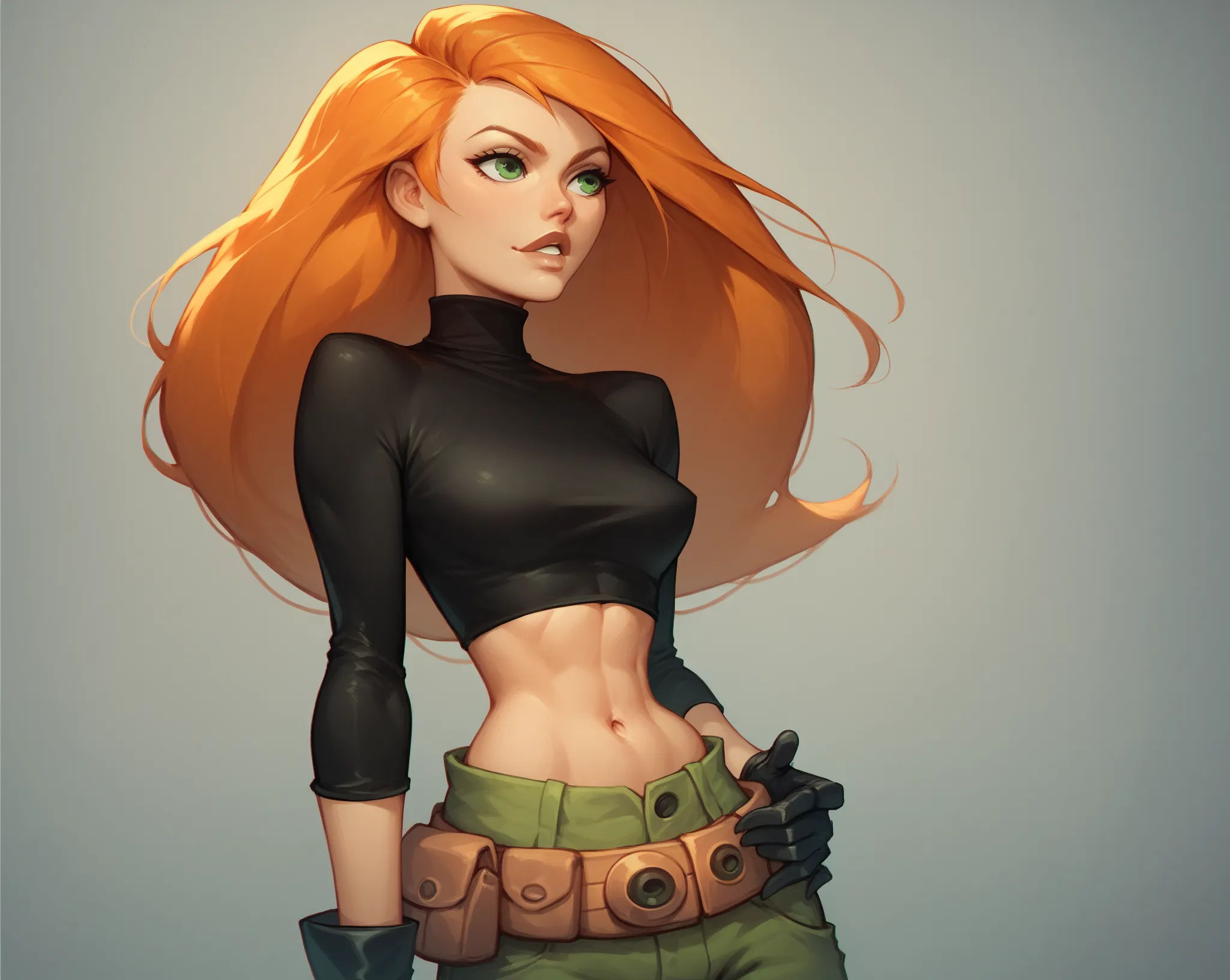 kim_possible,1girl,solo,long hair,black gloves,navel,green eyes,midriff,belt,green pants,orange hair,black crop top,turtleneck,
