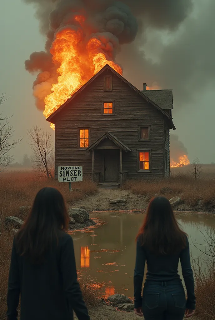 Take a picture with an old wooden house next to it There is a dirty little pond and this house is burning in front of this there is a sign Plot and there are 2 scared people