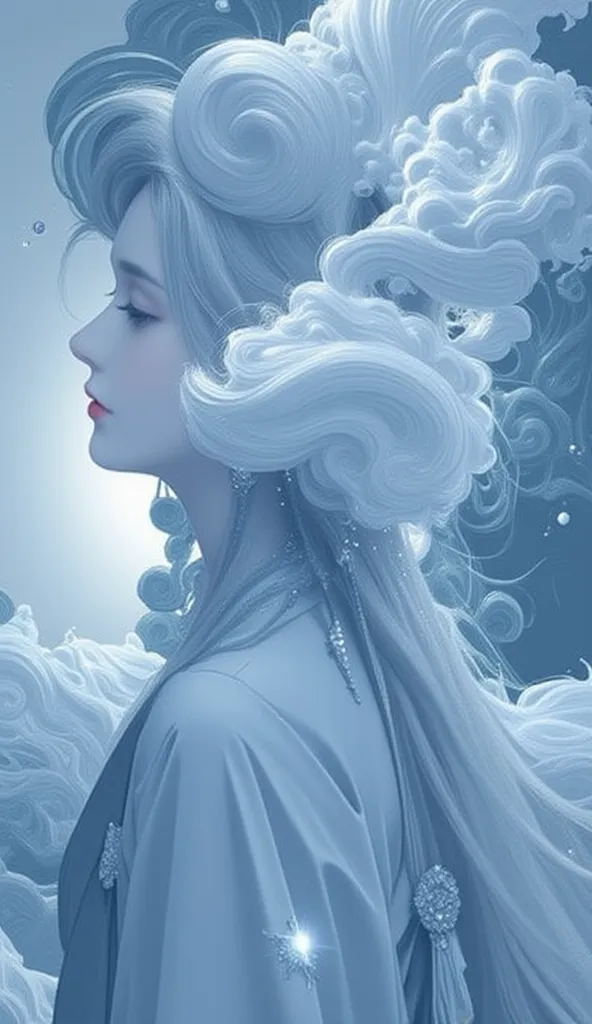  a painting or illustration that combines elements of both photography and painting. It features a stylized depiction of a woman with flowing hair, set against a backdrop of swirling clouds and waves. The woman's serene expression and elegant attire sugges...