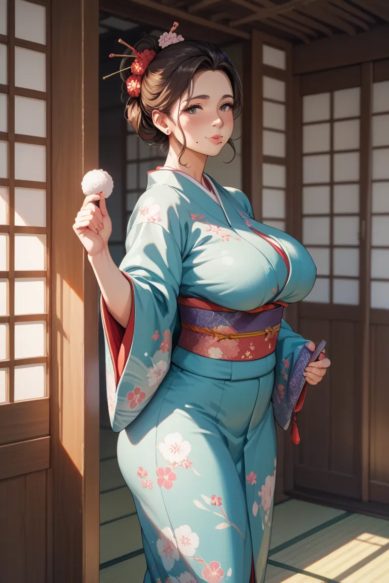 milf, 30 years old, cute, mole under mouth, giant breast, kimono, dark brown hair, tied-up hair, hair over shoulder, thick tighs, tighs, bubble ass, blush, wide hips, standing