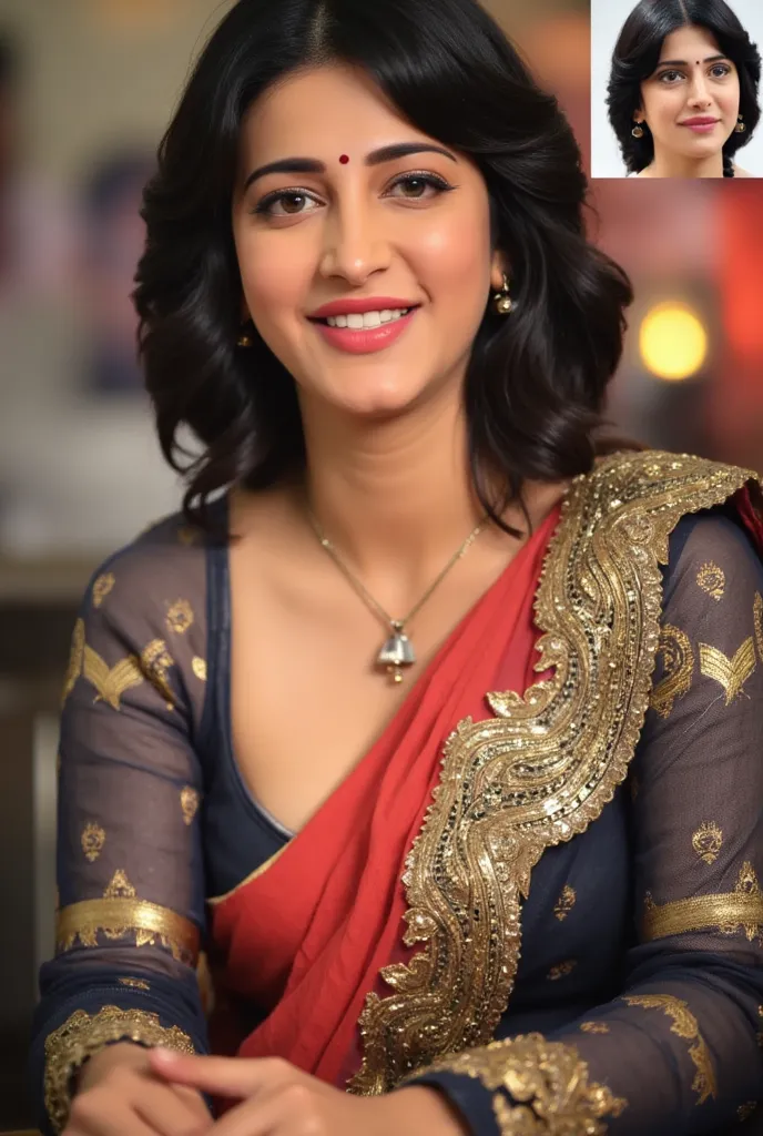 (masterpiece, best quality:1.2), 1girl, solo, Shruti,1girl, 3d, artist name, asian, black hair, blurry, blurry background, blurry foreground, bokeh, breasts, cleavage, collarbone, depth of field, earrings, jewelry, lips, lipstick, looking at viewer, makeup...