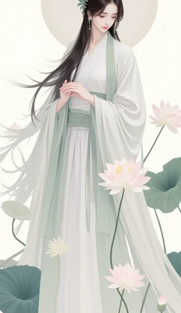 The image is a painting or digital artwork with a soft, ethereal aesthetic. It depicts a serene figure dressed in flowing, traditional clothing, surrounded by delicate lotus flowers and leaves. The figure's hair is styled elegantly, and the overall composi...