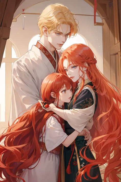 (Extremely Delicate and Beautiful:1.2), 8k,(masterpiece:1.0),(Highest_quality:1. 0)couple, man long platinum blonde and girl red curly long hair with different hair, eye color, one man, adults, ((redheaded girl)), long hair, is tall,  The man has blond hai...