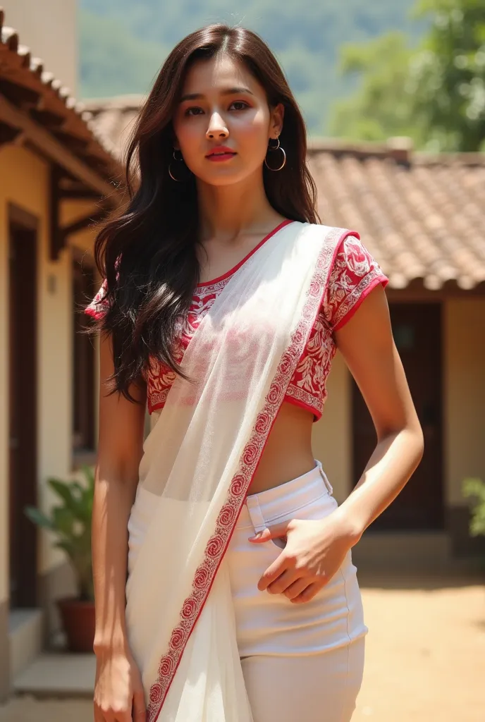 "Create an image of a woman standing outdoors in a vibrant net white saree with a patterned net blouse, elegantly draped to reveal her midriff and navel. She has long, flowing sidepat black hair and a confident, expressive look. The background features a r...