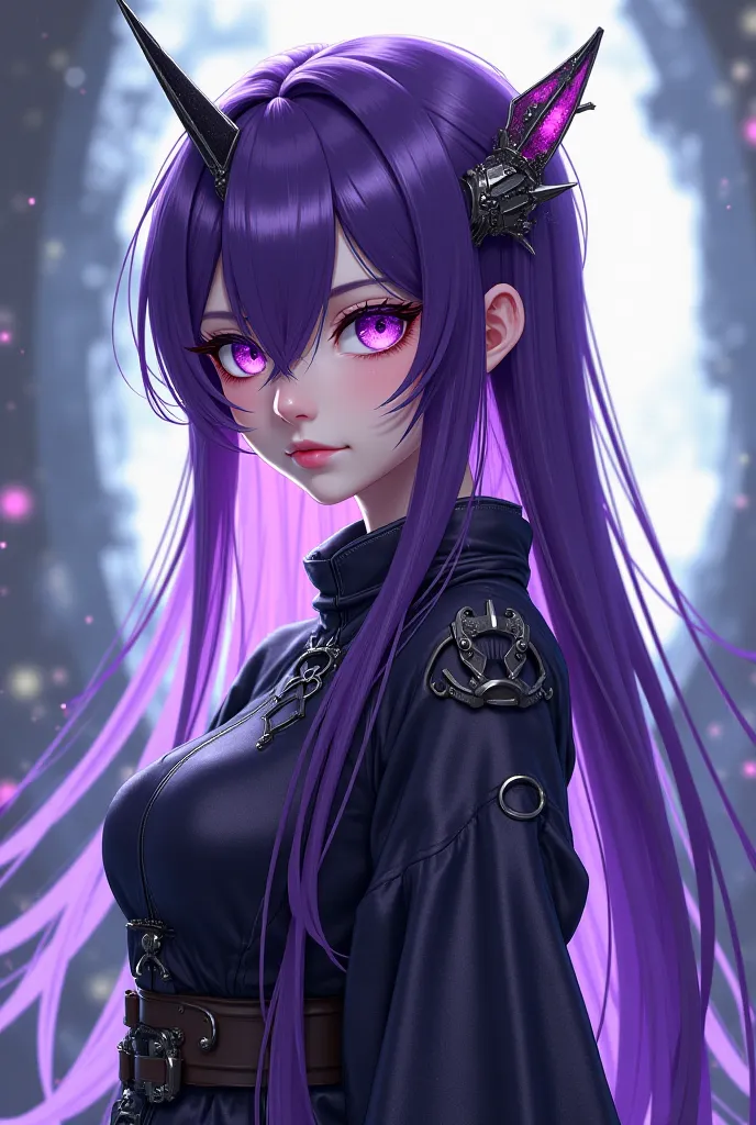 Anmi's daughter has a long purple hair with a horn at the top and her eyes are purple close to pink. Her facial expressions are cold and firm. She is dressed like Japanese scientists in the past