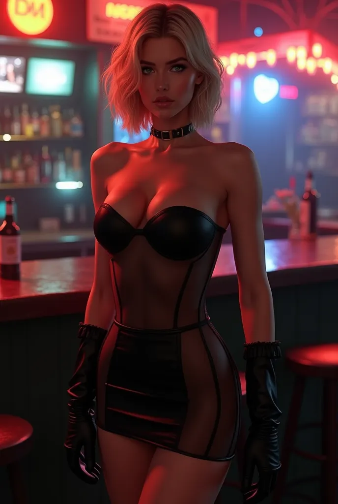 Looking at the viewer In a bar of a Club, full body,  blonde short hair, green eyes, killer girl in a tight black strapless tiny minidress  with transparencies and black boots.