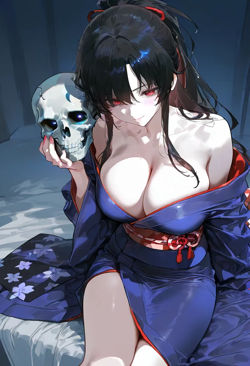 a beautiful ponytail woman wears a gorgeous kimono、while her long black hair is messy、she is violently attacked from behind by a specter with a skull face。where the specter's boney hands boldly tear her kimono、Her white skin is revealed。Her expression is a...