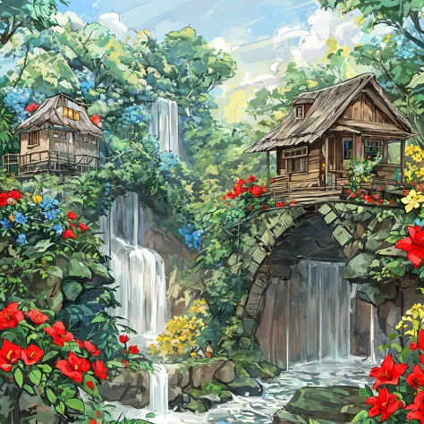 A shack (House of Colombia) in the middle of the jungle, a waterfall passing under a bridge made of wood, flower Jazmin, White flowers , red flower, Yellow flowers, Blue flower. Animals and birds with beautiful skies