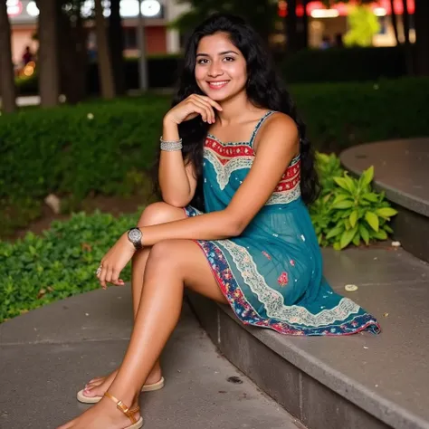 A young indian skinny woman in a short, patterned transparent dress sits on a stone bench at night.


The image shows a young skinny woman with long dark hair, fair skin, and a pleasant expression. She is wearing a transparent teal, short-length dress with...