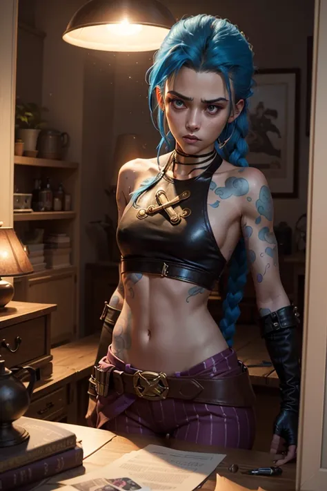 A highly detailed digital painting of Jinx from League of Legends, standing in a dimly lit bedroom with a slightly messy bed in the background. She has an intense and slightly annoyed expression, her piercing blue eyes staring directly ahead. Her signature...