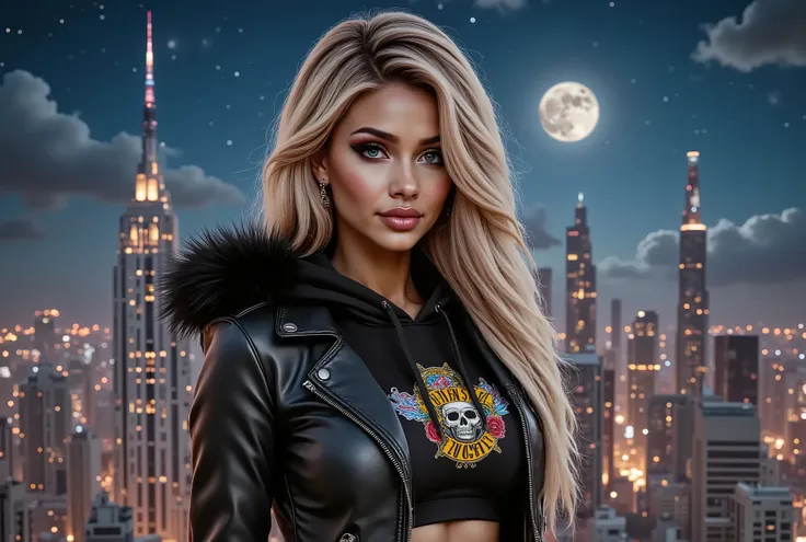 blonde woman, wearing a cropped leather moto jacket with detailed zippers worn over a Guns & Roses cropped hoodie. The jacket should look glossy and high-quality with light reflections emphasizing its texture, black pvc latex wetlook leggings, (wavy hair),...