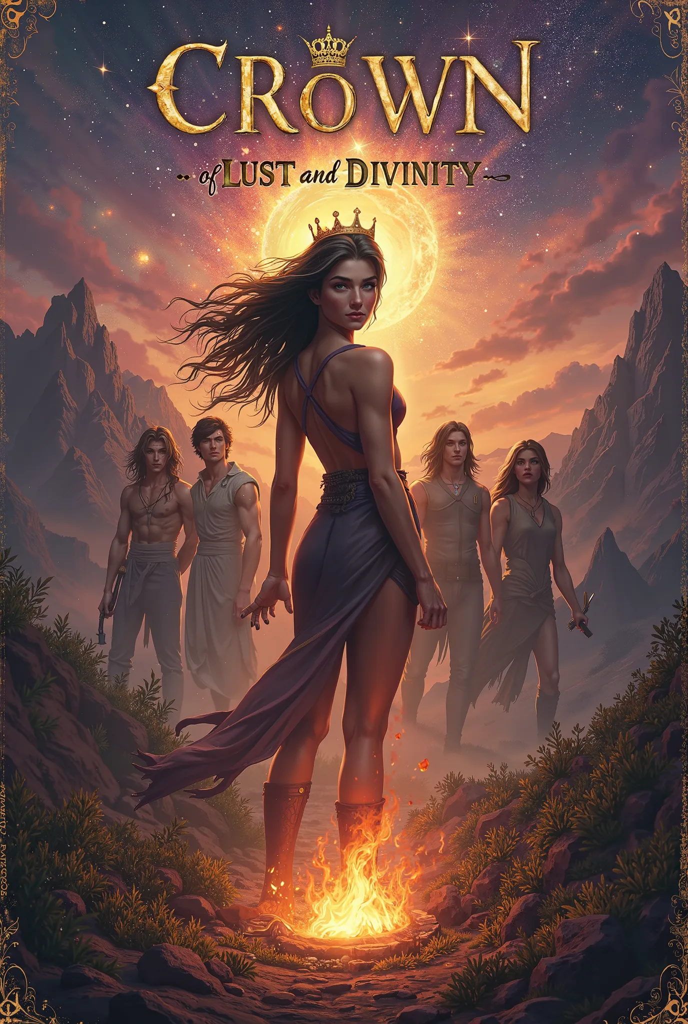 Cover Concept for Crown of Lust and Divinity
Core Themes to Reflect:
Sensuality and Lust: The intense physical and emotional connection between Elara and her six husbands.
Divinity: The cosmic crowns, godly powers, and otherworldly trials they face.
Primal...