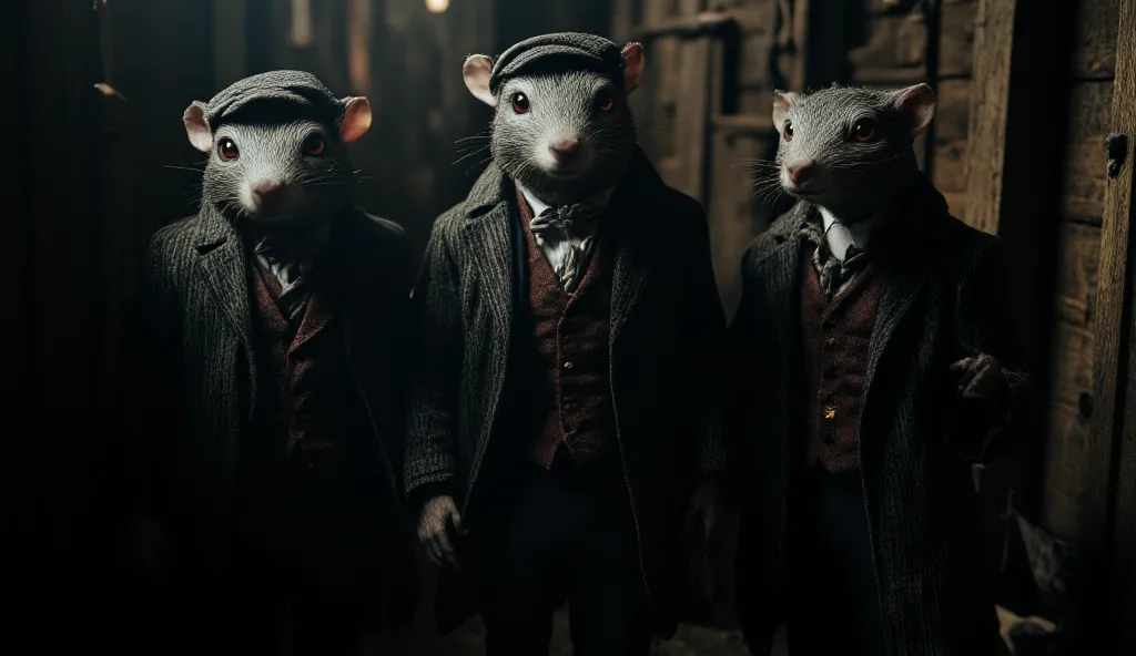 (best quality, 128k,highres,masterpiece:1.2),ultra-detailed,(realistic,photorealistic,photo-realistic:1.37), ((masterpiece)) ((photography)) ((Highest quality)) Hyper-realistic illustration of three anthropomorphic rats dressed in Peaky Blinders style. The...