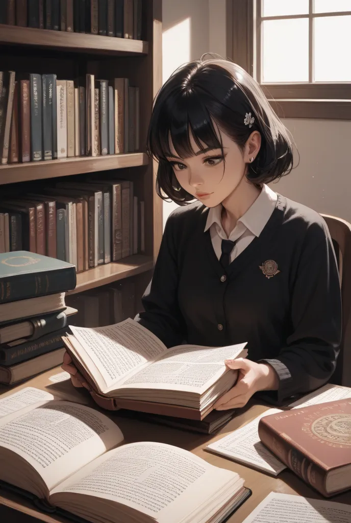 A girl in her twenties, reading a book in the bookstore, wearing a black and white frock, anime picture, captured from a distance