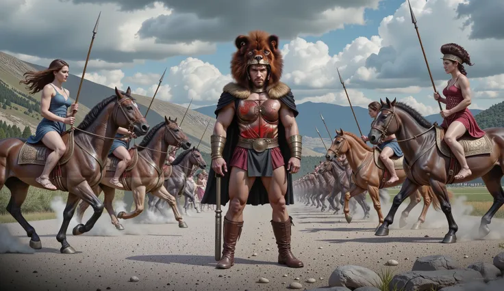 Hercules standing on the ground, surrounded by Amazon warriors on horseback wielding spears.
