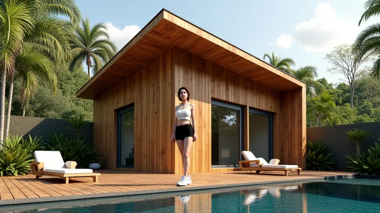 a small wooden house that is beautiful and looks clear together with beautiful white charming vietnamese girl , big breasted slit wearing white crop top and black shorts foot wearing hammer handle sneakers standing next to the house