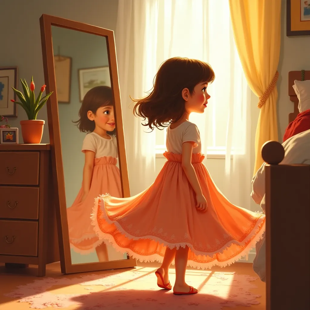 A realistic image of a  looking in the mirror and playing, dressed in her mother's long dress