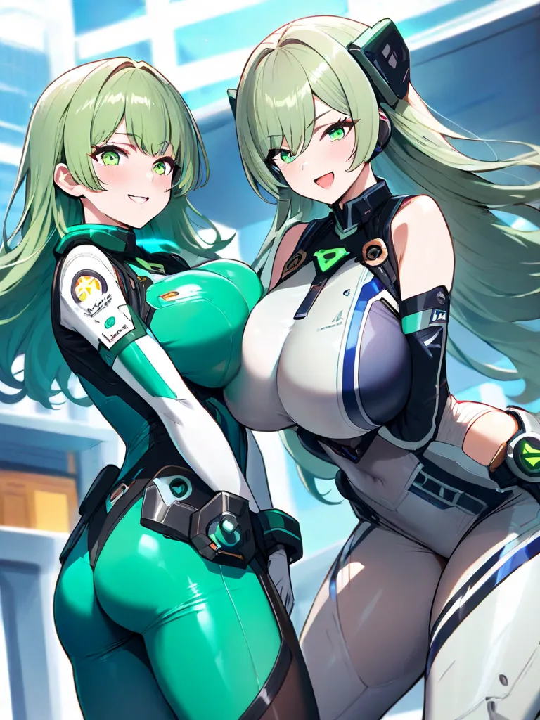 high quality　Ultra High Resolution　More details　Learn more 　TWO GIRLS　twin　Pale green hair　long hair　Green eyes　smile　is laughing　big breasts　 butt is small 　android for service　bodysuit　mechanic　mechanicスーツ