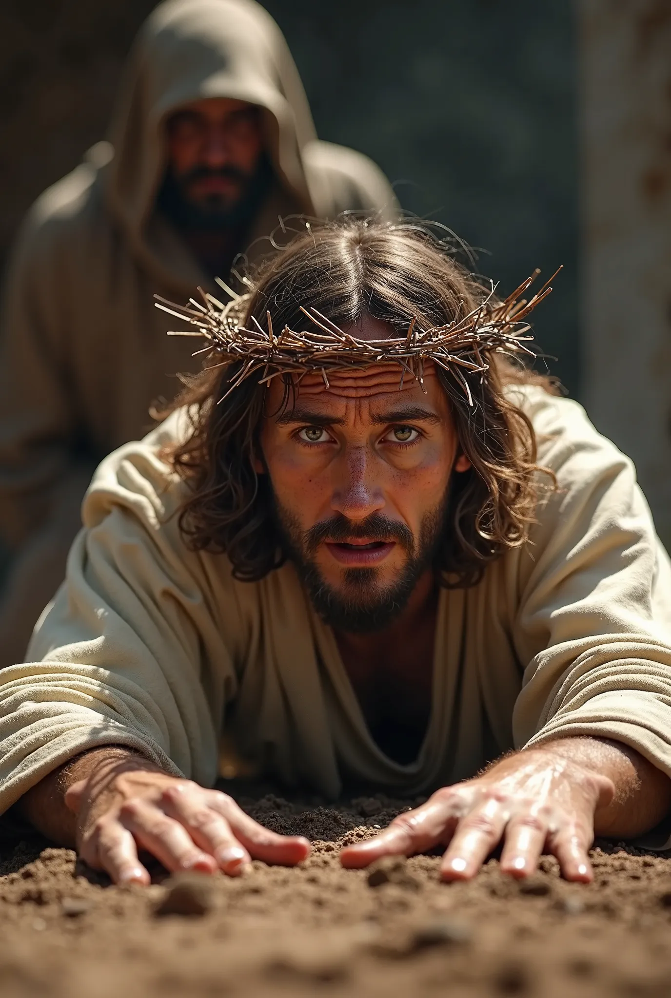 Jesus Christ fallen to the ground, with an expression of pain and suffering. He wears a crown of thorns, and his face is marked by pain, with tears running down. His gaze conveys sadness and resignation. He is lying on his stomach, looking directly at the ...