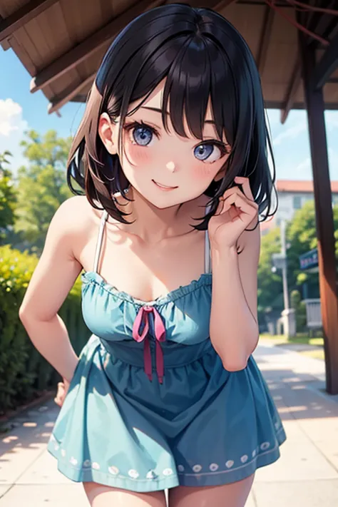 cute very young flat chested girl, in cute summer dress. She's leaning forward towards you and smiling because she knows she's teasing you