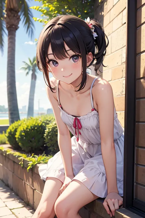 cute very young flat chested girl, in cute summer dress. She's leaning forward towards you and smiling because she knows she's teasing you