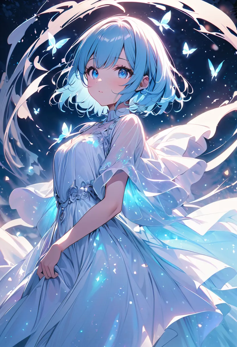 Create an anime-style digital illustration。In soft pink and blue tones。, Pastel blue hair and vibrant blue eyes. She should wear white clothing, A flowing dress that reflects and shines with light. The background should be ethereal, Feature a young woman w...