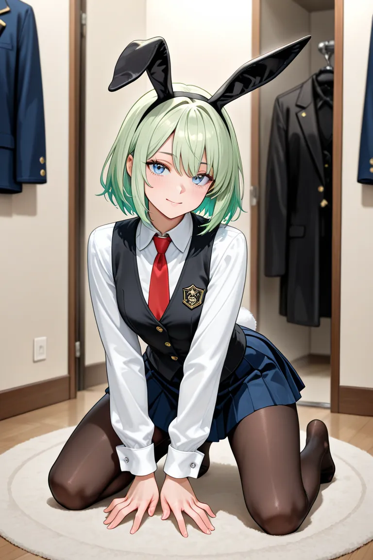 A young woman with long, smooth green hair, With expressive blue eyes, wears a stylized uniform that combines elements of fantasy and schoolgirl. She wears a white blouse with long sleeves and cuffs tootoados, a tight black vest with gold details and a red...