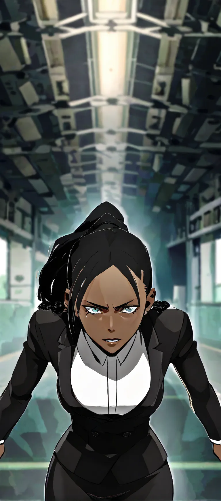 Thin Black business woman with cornrows while wearing a black suit and black skirt on , white blouse , looking proud HD