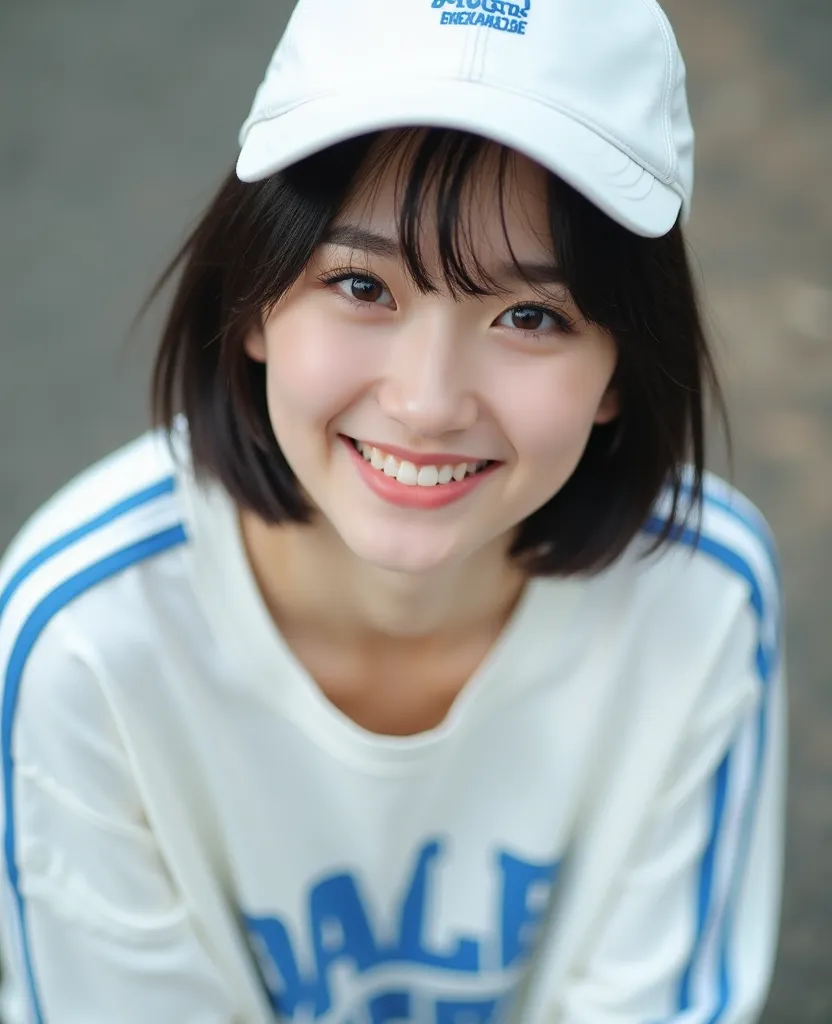 Only upper body shots, short black hair,Focus on her upper body. Wearing a white sweatshirt with blue stripes, white hat,  black shorts , happy look 