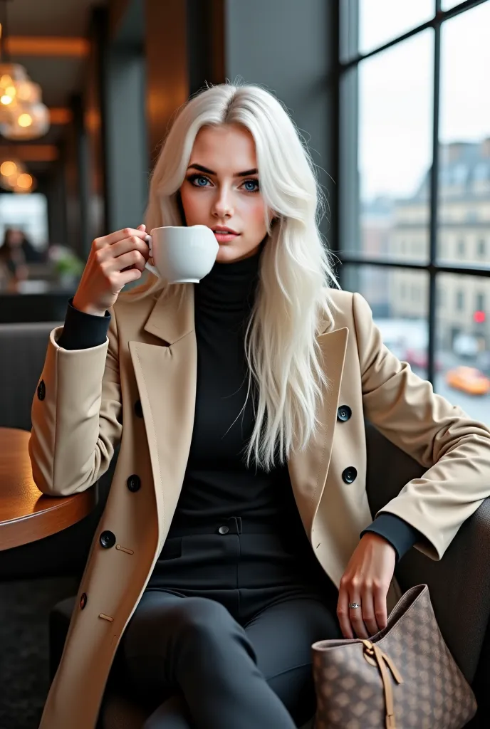 A beautiful Instagram model with long white hair and green eyes, sitting at a luxury café, wearing a beige trench coat over a business suit, black turtleneck, taking a selfie while sipping a coffee, expensive bag on the chair next to her, casual but icy bo...