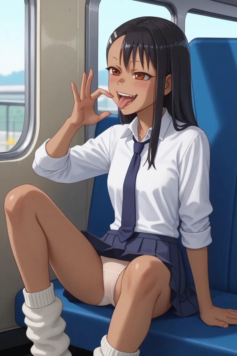 score_9, score_8_up, score_7_up, Nagatoro ,and spread your crotch  ,Configuration from the front seat ,  gold ,  show me white panties,  's dynamic pose ,  white shirt ,  tie,  pleated skirt,  loose socks to roll up skinny clothes, opens her legs, naughty ...