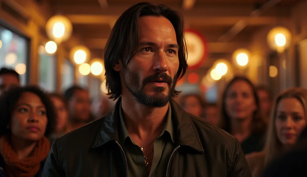 “Picture a lively scene inside Northern Star Restaurant, where a local community meeting is taking place. Keanu Reeves speaks to the audience, his eyes are filled with confidence and inspiration. In the background, the diverse faces of the residents, unite...