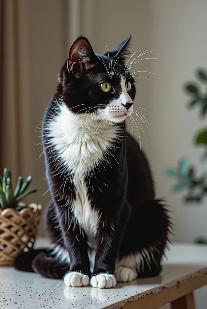 there is a black and white cat sitting on a table, tuxedo cat, looking to the camera, taken with sony alpha 9, looking to camera, is looking at the camera, looking off to the side, looking towards the camera, looking away from camera, looking away from the...