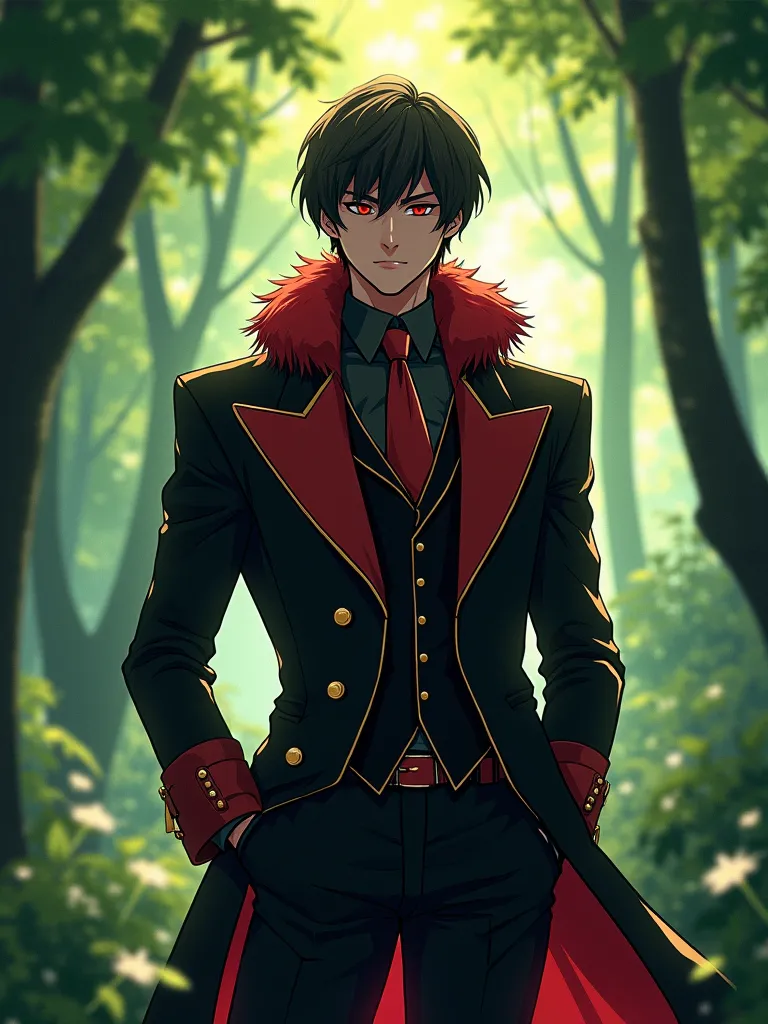  wears a black and red suit with gold details and a fur collar. The setting is a lush forest anime