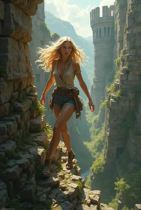  blonde curly girl climbs on the ruins of an old fortress wall