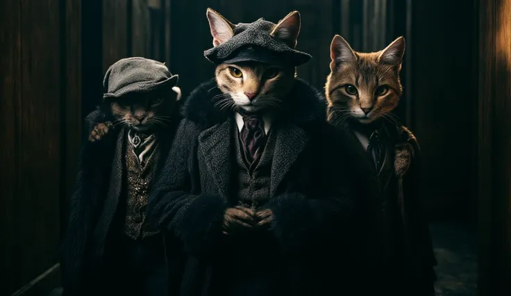 (best quality, 128k,highres,masterpiece:1.2),ultra-detailed,(realistic,photorealistic,photo-realistic:1.37), ((masterpiece)) ((photography)) ((Highest quality)) Hyper-realistic illustration of three anthropomorphic cats dressed in Peaky Blinders style. The...