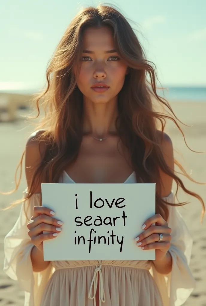 Beautiful girl with long wavy hair, bohemian dress, holding a white board with the text " I Love Seaart Infinity " and showing it to the spectator