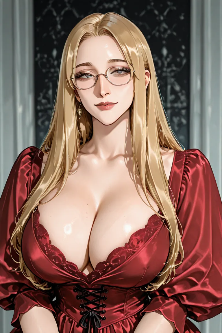 Adult woman. shoulder length blonde hair. red dress with puffy sleeves. long nose. glasses on her nose . cane.  lush breasts. Middle Ages.