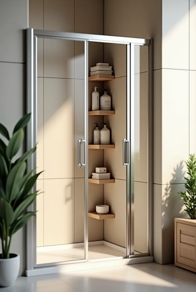 bathroom shower with bathroom corner shelve with shampoo and lotion soap 