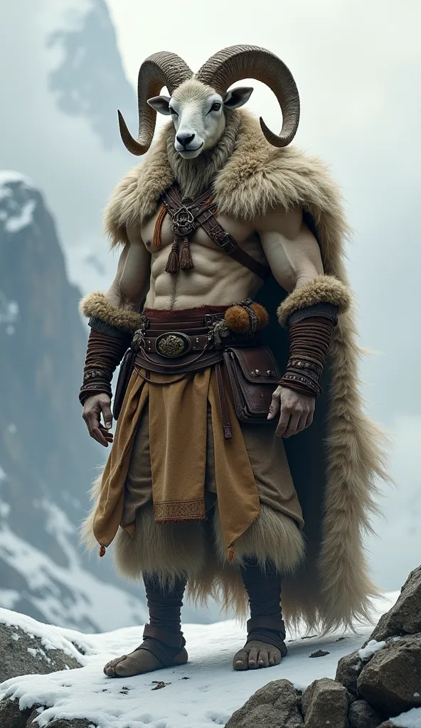 a hybrid creature between man and sheep, merging the animal's resistance and strength with the intelligence and posture of a nomadic mountain warrior.  Her body is muscular and robust , covered partially by a thick, woolly coat in earthy tones,  especially...