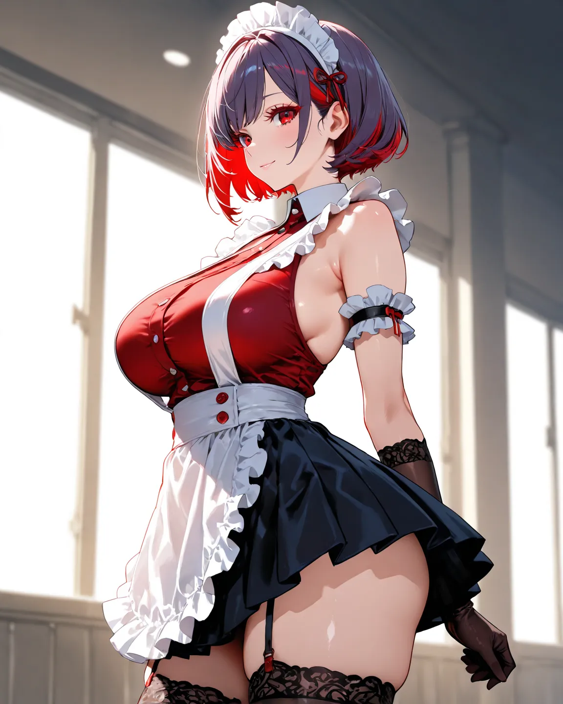 Standing, rainfall, tokyo city cross road cute girl, solo, short hair, (((red eyelashes))), short hair, (((white base hair))), ((red underlayer hair)), red eyes, maid blouse, halter white top blouse, maid aprons, long elegant gloves, maid headband, maid ar...