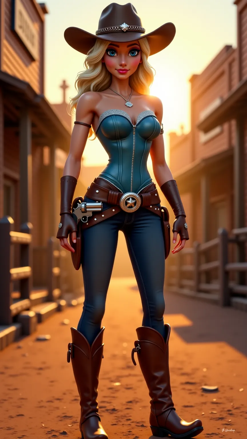 Elsa, reimagined as a fierce and confident cowgirl, stands tall in the heart of the Wild West. She wears a fitted, icy-blue leather corset with silver accents, paired with worn-in denim jeans and high, rugged cowboy boots. A brown leather gun belt, adorned...