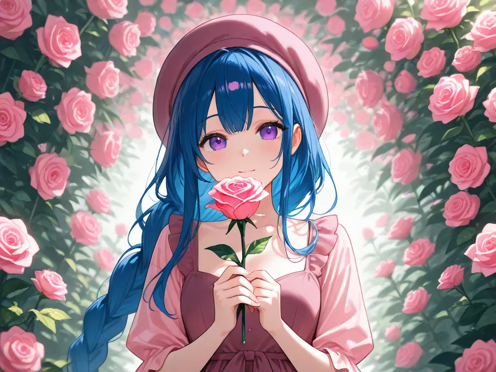 Long blue hair, purple eyes, a long braid, dark pink dress, dark Pink hat, holding a flower bouquette, Pink Rose garden background