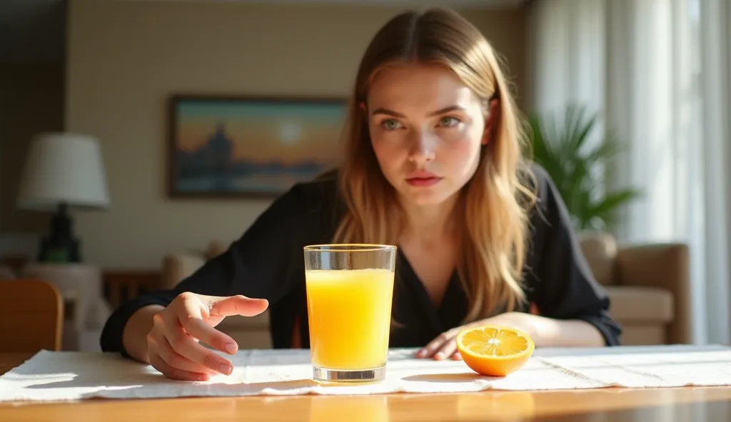 A very clear ultra hd realistic image of " With an annoyed, Sarah is dropping the glass of freshly squeezed orange juice onto the table with her right hand. The juice is dropping from the opened side of the glass and the opened side of the glass is lower t...