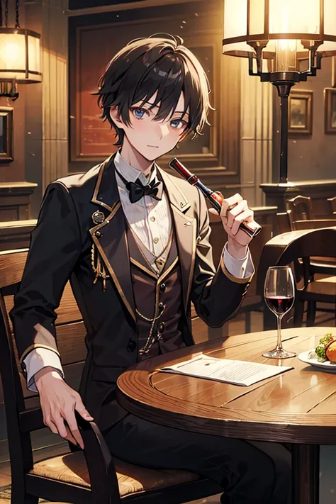 　 in the woods　Luxurious table and wine　Steampunk　Muimori　night　aristocrat clothes　 cute boy