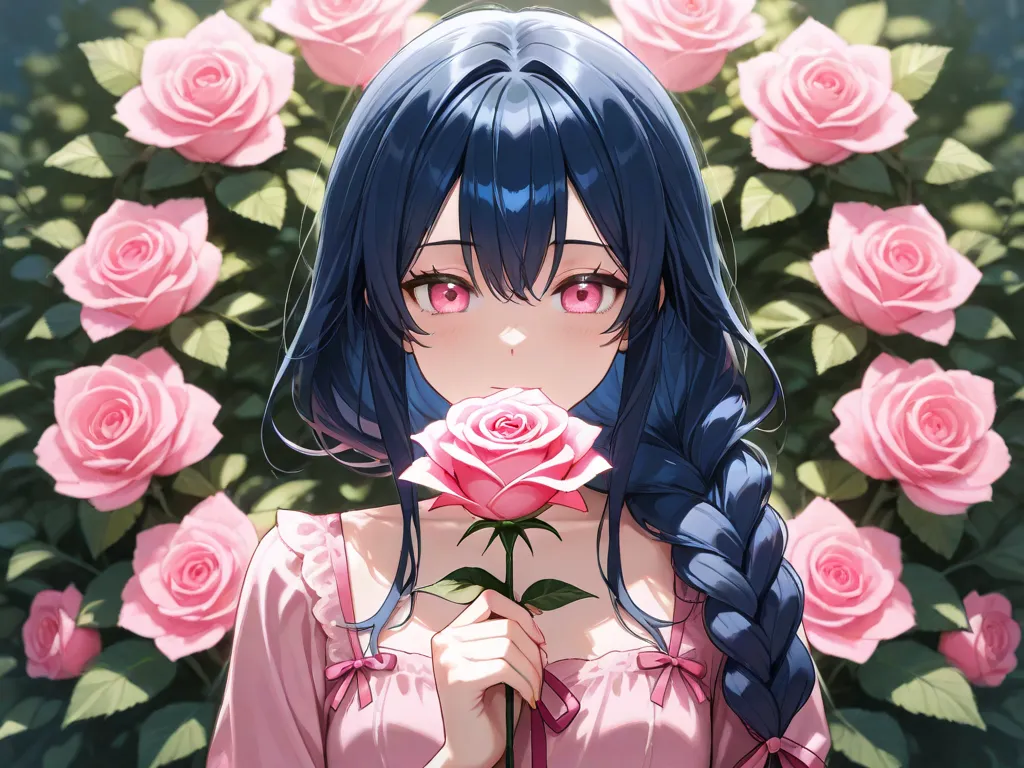 Long dark blue hair, pink eyes, long two braid, dark pink dress, dark pink ribbons in her hair, holding a flower bouquette, Pink Rose garden background