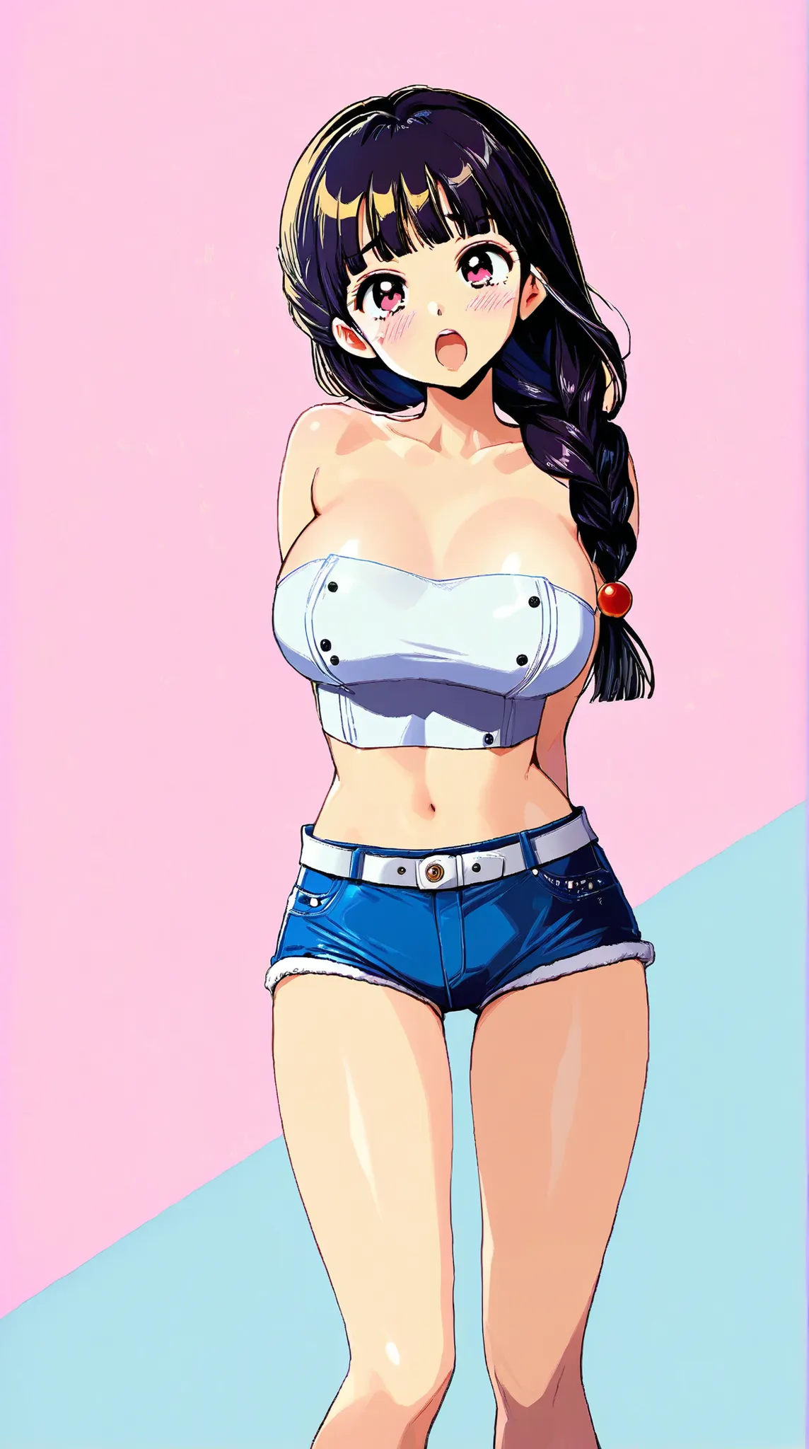 style retro classic, master piece:1.5、korean girl, (mini-shorts, crop strapless), (beautiful perfect face:1.23), heavy blushing, huge breasts, looking at viewer, ahegao, no background, pink background, red background, blue background, 