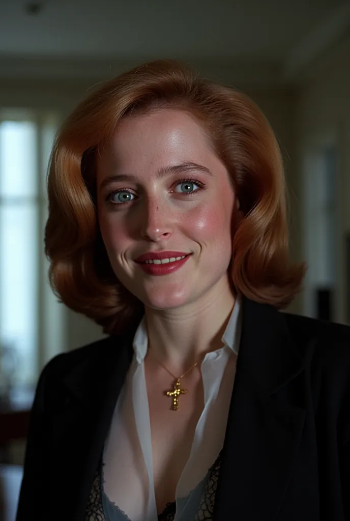 A woman 35 years 1girl, a hyper-realistic photo of Gillian Anderson as Dana Scully, featuring a beautifully detailed face with captivating eyes and a serene expression, The image showcases her natural beauty, focusing on her flawless skin and delicate feat...