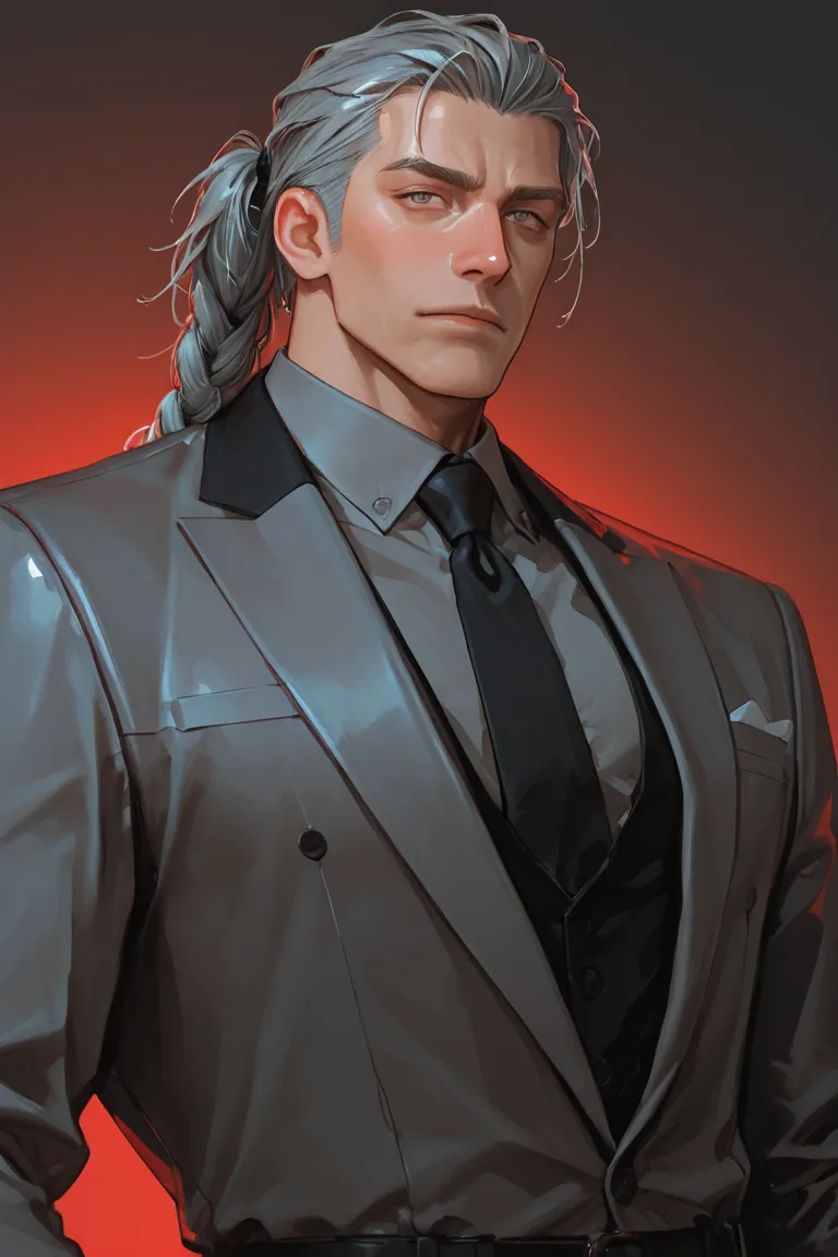  Tall pumped up man . man at dawn. Beautiful nose. expensive suit . grey hair braided in a ponytail.